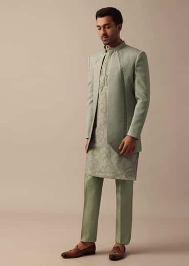 Elegant Green Indowestern Set Featuring Striking Self Work