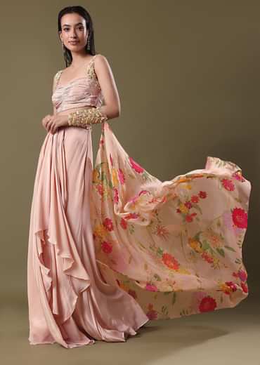 Blush Peach Lehenga With Blouse And Cuff Cape