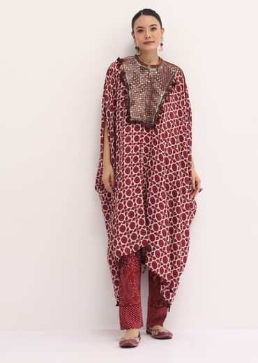 Maroon Printed Crepe Kaftan Kurta Set