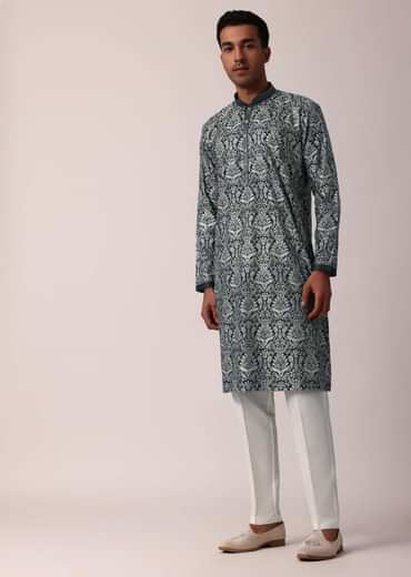 Navy Blue Silk Kurta Set For Men