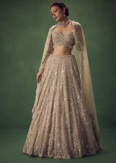 Beige Hand Embroidered Sequin Work Lehenga Set