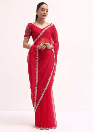 Red Scallop Border Organza Saree With Unstitched Blouse