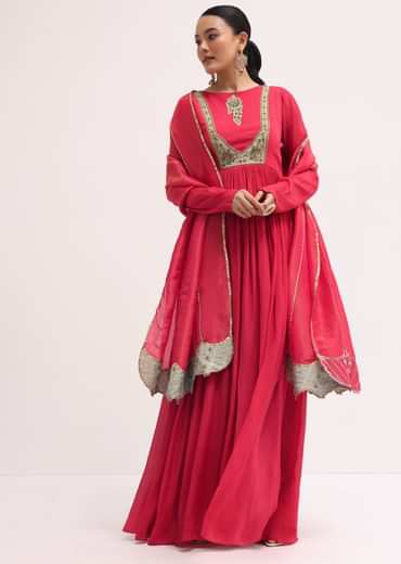 Pink Embroidered Chiffon Anarkali With Tissue Dupatta