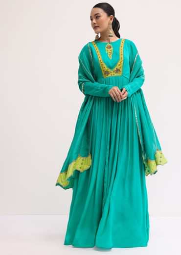 Aqua Green Chiffon Anarkali With Tissue Dupatta