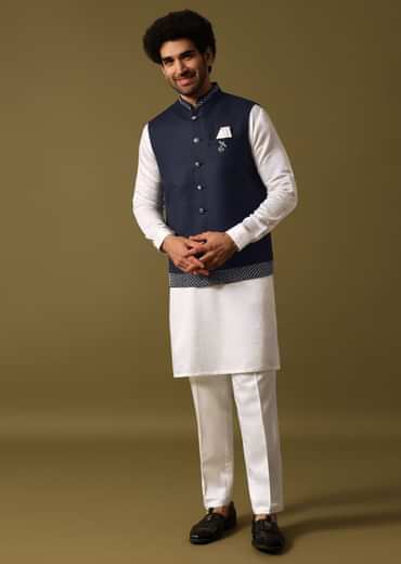 Navy Blue Kurta Jacket Set With Resham Work For Men