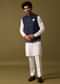 Navy Blue Kurta Jacket Set With Resham Work For Men