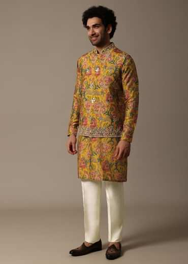 Yellow Floral Embroidered Silk Kurta Jacket Set For Men