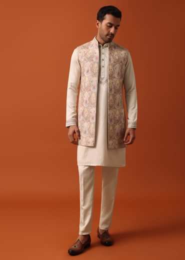 Elegant Beige Exquisite Embroidered Jacket Kurta Set