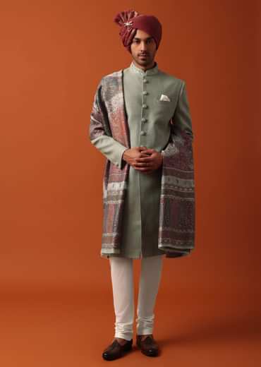 Green Sherwani Set Featuring Exquisite Neckline Embroidery With A Pashmina Dupatta
