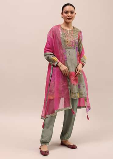 Grey And Pink Embroidered Kurta And Salwar With Dupatta