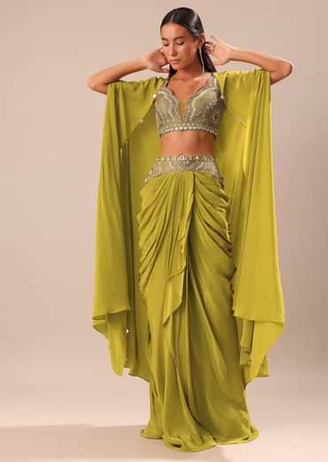 Lime Green Dhoti With Embroidered Blouse And Cape