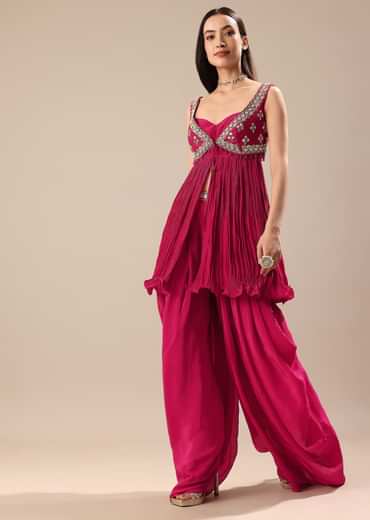 Magenta Crepe Dhoti With Embroidered Blouse And Koti