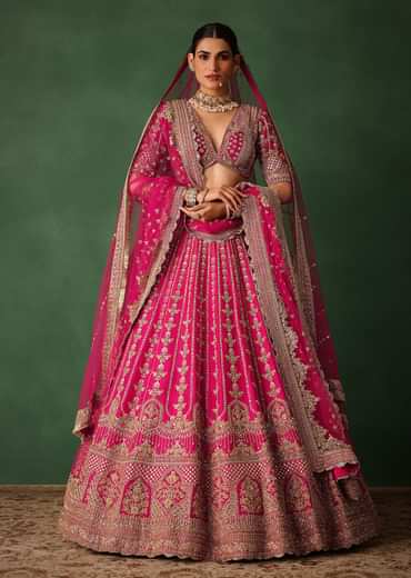 Rani Pink Hand Embroidered Lehenga With Blouse And Dupatta