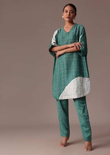 Blue And White Colour Block Print Crepe Co Ord Set