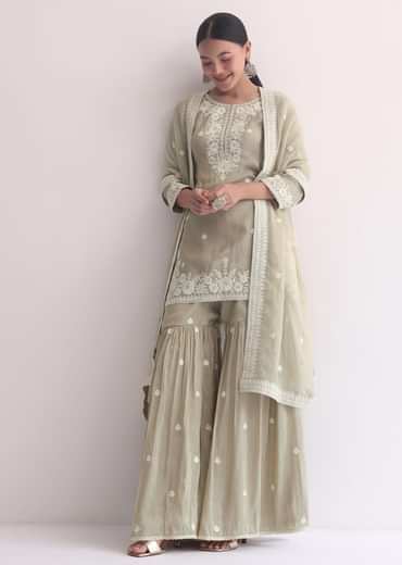 Grey Sequin Embroidered Sharara Set
