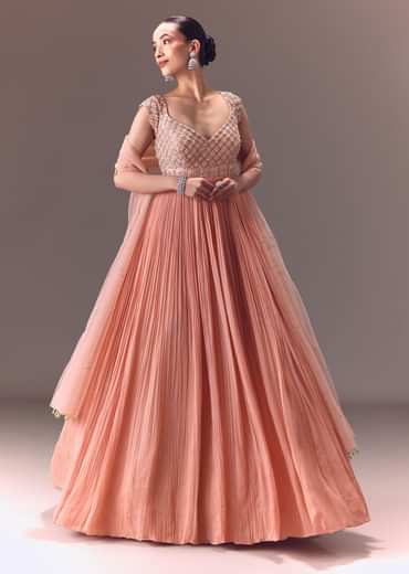 Blush Pink Ruched Anarkali Gown With Dupatta