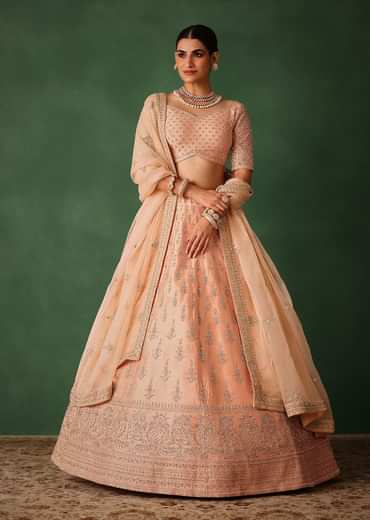 Peach Hand Embroidered Raw Silk Lehenga Set With Butti Work