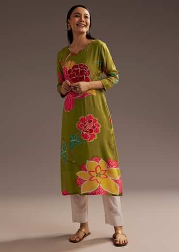 Mehendi Green Floral Print Crepe Kurta With Beads Detailing
