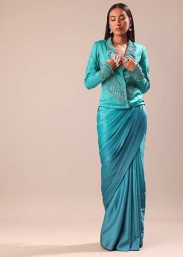 Blue Ombre Draped Skirt WIth Embroidered Jacket