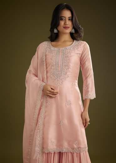 Light Peach Tissue Cut Dana Beads Kurta Set With Embroidered Dupatta