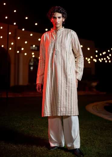 Beige Silk Abla Work Kurta Set For Men