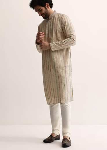 Beige Silk Abla Work Kurta Set For Men
