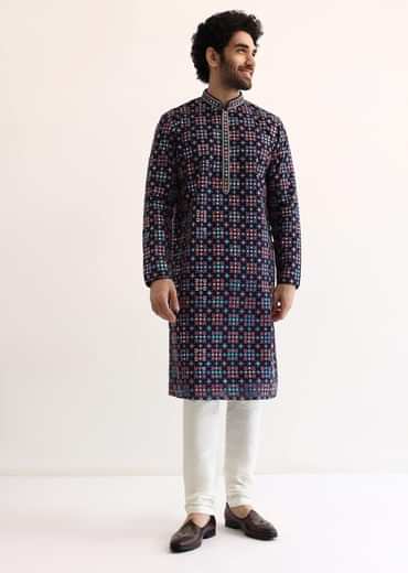 Blue Silk Abla Work Kurta Set For Men