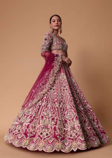Pink Raw Silk 16 Kali Lehenga And 3D Pearl Embellished Blouse Set