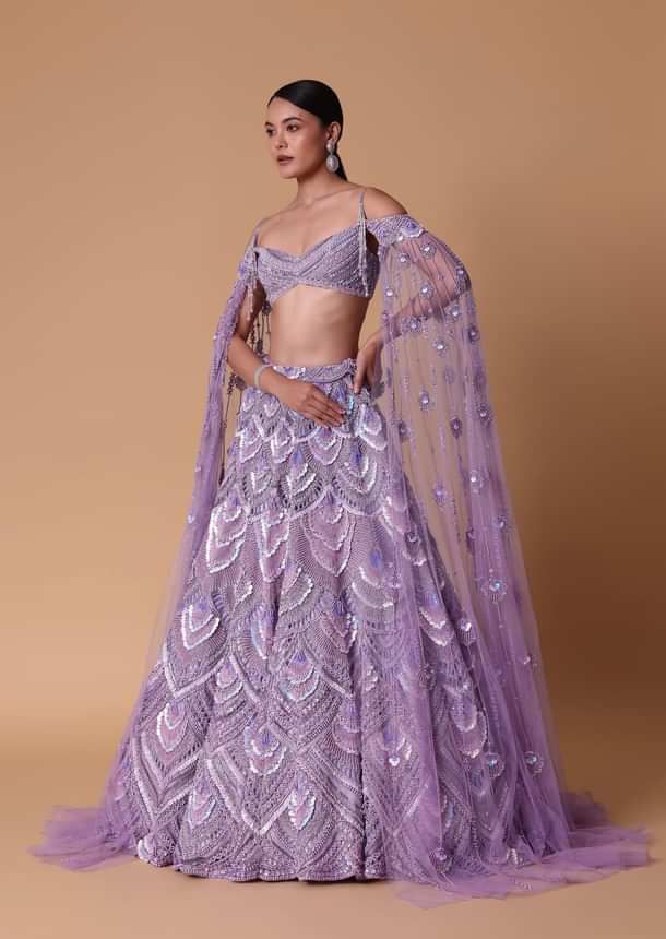 Lavender Pearl Embellished Lehenga Wth Off Shoulder Draped Cape