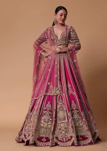 Maroon Silk Velvet 16 Kali Lehenga And Zardosi Blouse Set