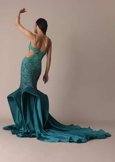 Green Blue Ombre Zardosi Fishcut Draped Gown