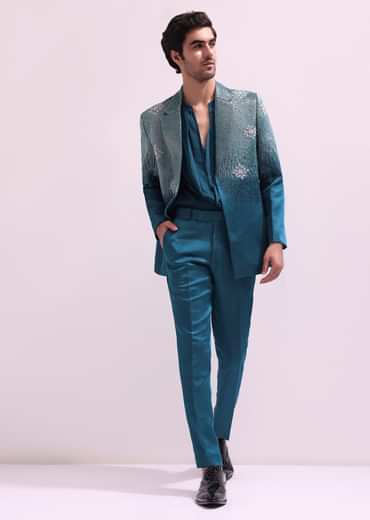 Blue Linen Satin Tuxedo With Pleated Shirt And Pants