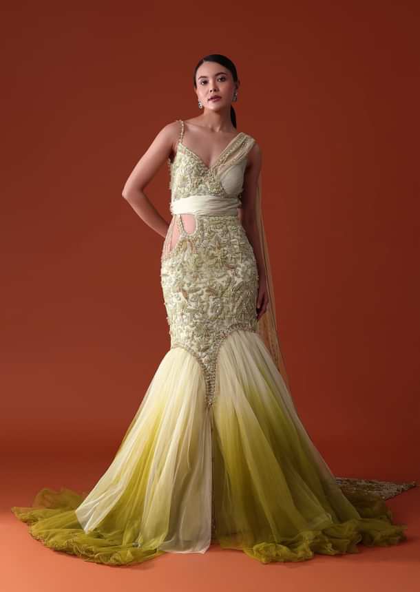 Citrus Green Ombre Fishcut Zardozi Gown Saree