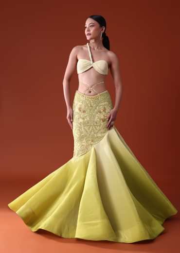 Citrus Green Pre Pleated Fish Cut Skirt And Choker Dupatta Set