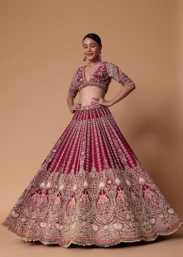 Maroon Raw Silk 16 Kali Zardozi Lehenga Set With Two Dupattas