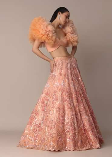 Peach Organza Embroidered Lehenga Set With Floral Ruffle Blouse