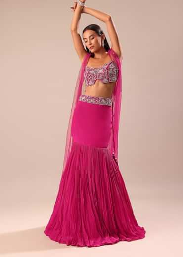 Pink Fishcut Skirt With Hand Embroidered Blouse And Jacket