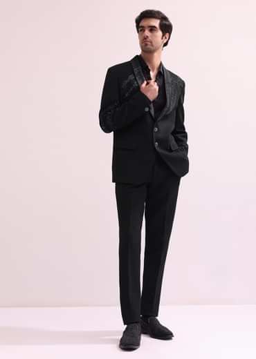 Black Lapel Hand Embroidered Tuxedo With Shirt And Pants