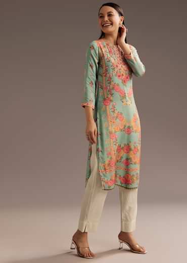 Floral Print Crepe Kurta With Cutdana Work