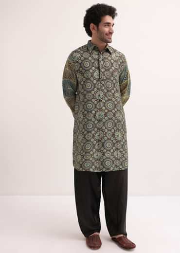 Brown Printed Kurta Patiala Set For Men