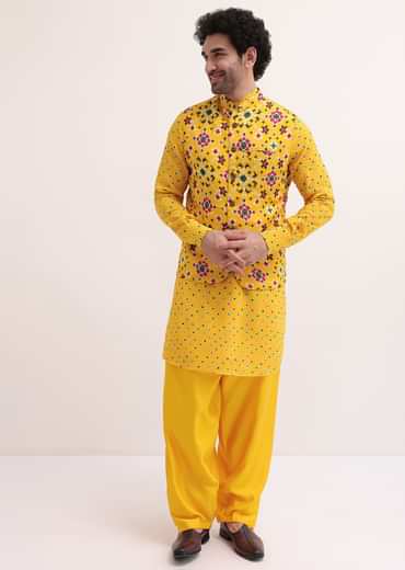 Yellow Patola Printed Kurta Jacket Set For Men