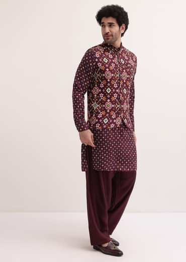 Wine Patola Printed Kurta Jacket Set For Men