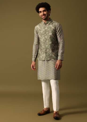 Olive Green Cutdana Embroidered Kurta Jacket Set For Men