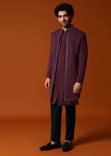Wine Cutdana Embroidered Sherwani Set For Men
