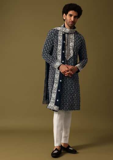 Blue Kurta Pant Set With Dupatta In Resham Work