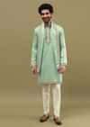 Pista Green Kurta Set In Resham Work With Dupatta For Men