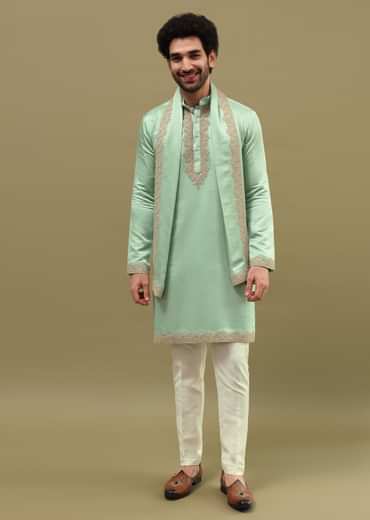 Pista Green Kurta Set In Resham Work With Dupatta For Men