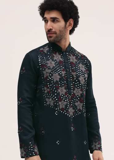 Navy Blue Embroidered Silk Kurta Set For Men