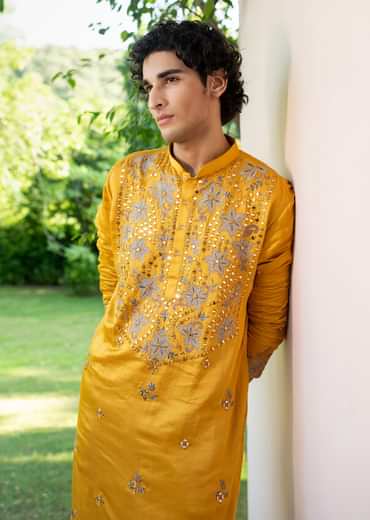 Yellow Embroidered Silk Kurta Set For Men