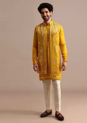 Mustard Yellow Mirror Embroidered Silk Kurta Jacket Set For Men